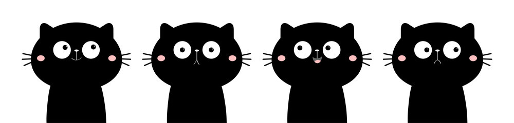 Cute cat set line. Funny cartoon characters. Emotion collection. Happy, surprised, crying, sad, angry, smiling. Black face silhouette sticker. White background. Isolated. Flat design.