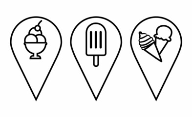 Maps and pin icons set. Location sign and symbol. Geo locate, pointer icon. Ice cream cafe location icons. Summer icons with different kind of ice cream. Design elements for games, mobile app, banner,