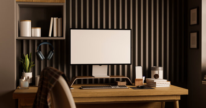 Modern Contemporary Workspace Interior With Computer Against Modern Wood Slats Wall.