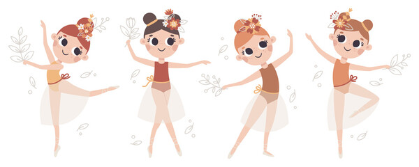 Dancing little vector girl ballerinas with flowers, leaves, plants and floral elements in trendy boho colors. © ejevyaka