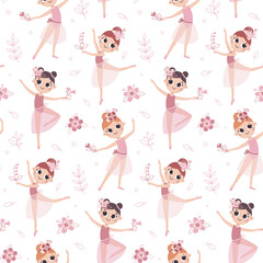Dancing little vector girl ballerinas seamless pattern with flowers, leaves, plants and floral elements in trendy colors.