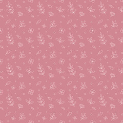 Seamless cute vector spring floral pattern with flowers, plants, branches, leaves, nature in trendy colors