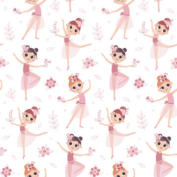 Dancing little vector girl ballerinas seamless pattern with flowers, leaves, plants and floral elements in trendy colors.