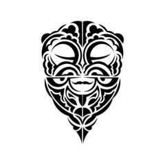 Masks of gods in ornamental style. Polynesian tribal patterns. Suitable for prints. Isolated. Black ornament, vector illustration.