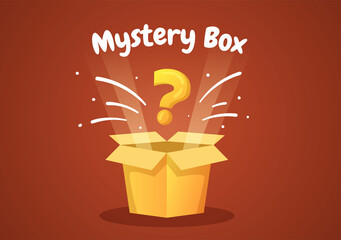 Mystery Gift Box with Cardboard Box Open Inside with a Question Mark, Lucky Gift or Other Surprise in Flat Cartoon Style Illustration