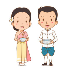 Cute couple cartoon holding water bowls in Songkran festival, Thailand.