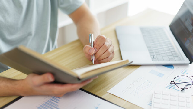 Distance education concept, Teen boy reading lecture notes after lesson class online at home