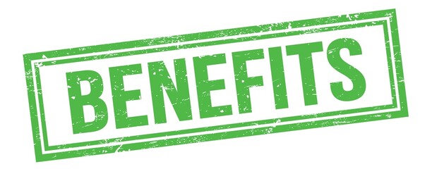BENEFITS text on green grungy vintage stamp.