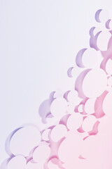 Gentle soft abstract stream of ovals in light trendy very peri, pink color in hard light with strict shadows, border, copy space, top view, vertical. Fashion futuristic activite abstract background.