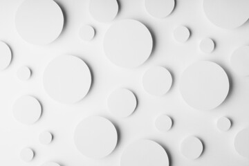 White simple geometric background with circles in soft light as softness tender airy pattern, top view. Futuristic minimal backdrop for advertising, design.