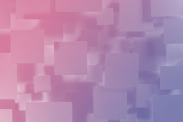 Abstract geometric background with flying squares - pattern in saturated trendy colors -  very peri, purple, pink with soft shadows, top view. Gentle romantic backdrop in minimal style.