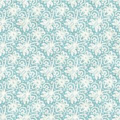 Aegean teal mottled flower linen texture background. Summer coastal living style 2 tone fabric effect. Sea green wash distressed grunge material. Decorative floral motif textile seamless pattern