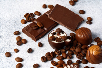 Various chocolate praline candies assortment close up