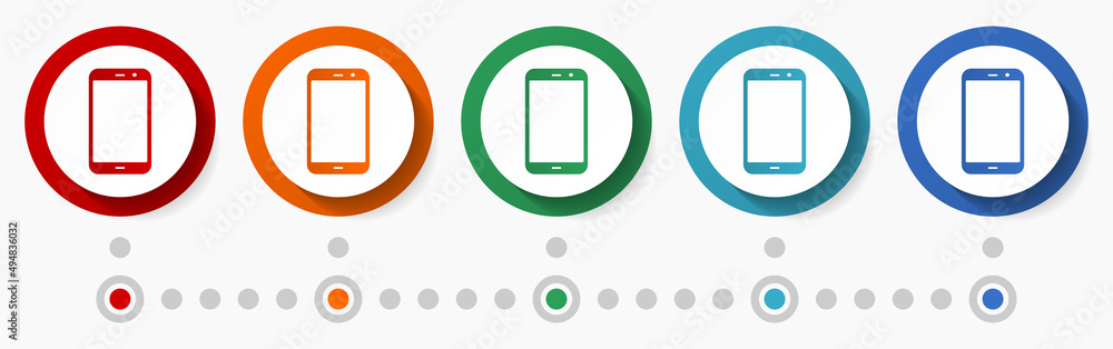 Poster smartphone, phone concept vector icon set, flat design colorful buttons, infographic template in 5 c