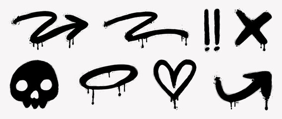 Set of neon green and pink graffiti spray. Collection of shapes, eye, heart, star and dot with spray texture. Shining elements on black background for banner, decoration, street art and ads. © TWINS DESIGN STUDIO