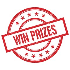 WIN PRIZES text written on red vintage round stamp.