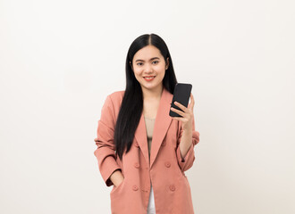 Naklejka premium Cheerful young Asian woman using smartphone and checking message on mobile chat application isolated white background. Fashion style asian lovely woman playing game or shopping online by cellphone