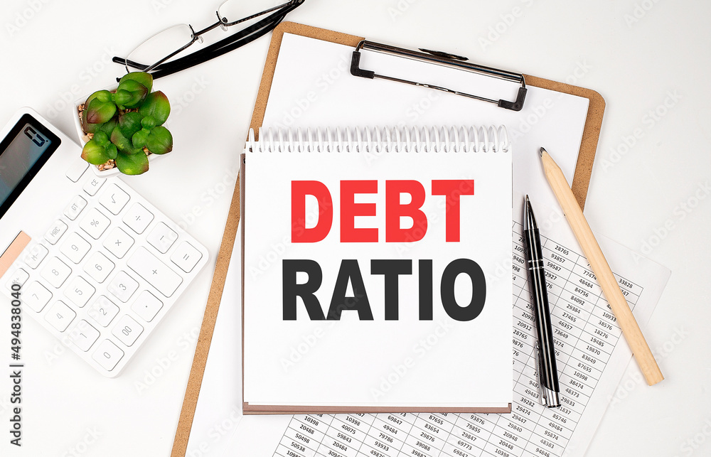 Poster office desk table with paper sheet, notepad ,chart and calculator. top view debt ratio