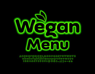 Vector neon logo Vegan Menu. Green Neon Font. Glowing Alphabet Letters and Numbers set