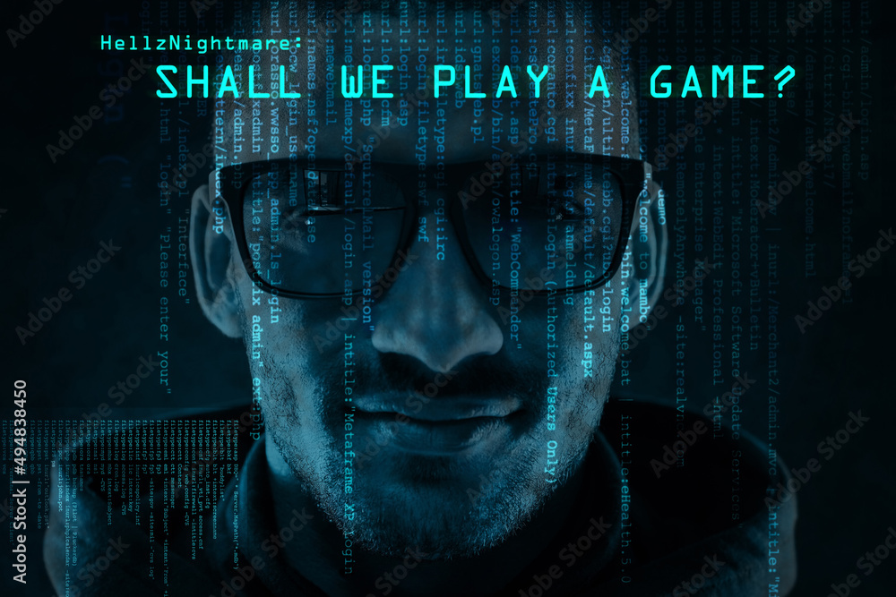 Aufkleber Playing a game of cat and mouse. Portrait of a menacing computer hacker posing against a dark background in studio.