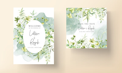 Fototapeta na wymiar Wedding invitation template with beautiful watercolor leaves