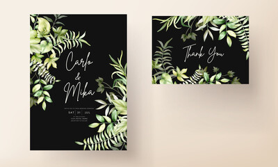 Wedding invitation template with beautiful watercolor leaves