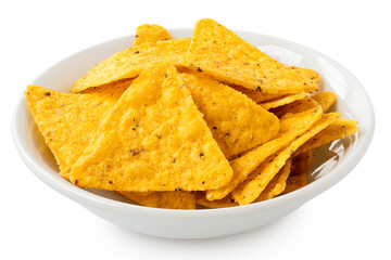 Tortilla chips in a white bowl.