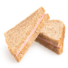 Two ham and mustard wholewheat triangle sandwiches.