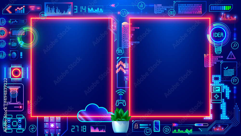 Poster double neon vertical frames or borders mock up on blue background in digital computer technology sty