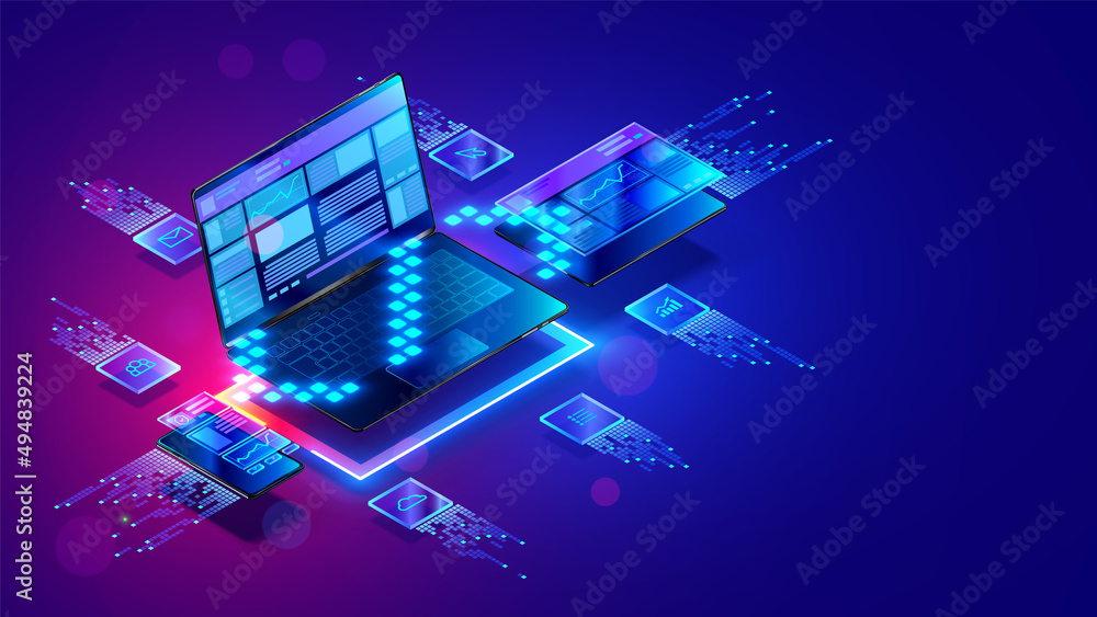 Fototapete Web design isometric concept. Website development of all platforms. Optimization layout website on laptop, phone, tablet. Creation layout responsive Internet page. Web script coding and programming.