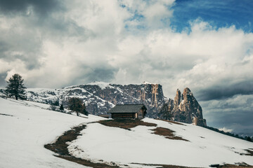 Fototapeta na wymiar landscape in the mountains with stormy sky and snow