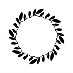 Fototapeta na wymiar Vector hand drawn spring wreath isolated on white background. Silhouette circle of leaves. Doodle style. Floral monogram frame.
