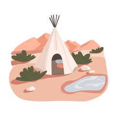 Modern wigwam house in nature. Teepee shelter for camping. Comfortable tepee, wickiup tent outdoors for trendy remote summer recreation. Flat vector illustration isolated on white background © Paper Trident