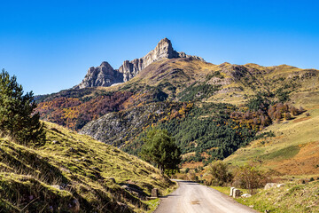 Beautiful view of the Valley of Hecho in the Spanish Pyrenees in autumn, Spain