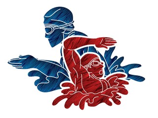 Group of People Swimming Action Swimmer Pose Mix Cartoon Sport Graphic Vector