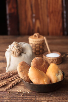 Traditional cuisine of Tver - buns with fish burbot liver -tverskoi mneviy pirog