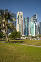 Fototapeta na wymiar Panoramic view with modern skyscrapers in the centre of Doha