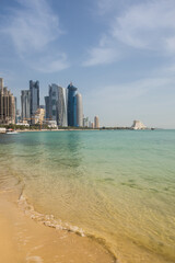 Naklejka premium Panoramic view with modern skyscrapers in the centre of Doha