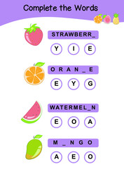 What letters are missing? Complete the words. Fruits Theme Names Worksheet. Educational activity for preschool kids. Preschool Education. Vector illustration.