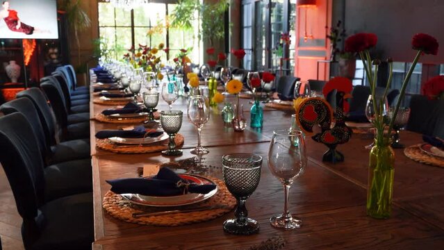 Bright table setting in the restaurant with natural light