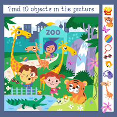 Cute kids in zoo among animals. Find 10 items. Game for children. Cute cartoon character. Vector illustration. 