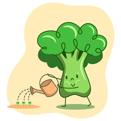 Broccoli character watering young sprouts from a watering can. A cute green vegetable broccoli farmer. Caring for the younger generation