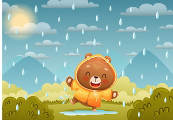 Baby bear in a raincoat dances on the lawn in a puddle. against the background of the sky, mountains and bushes. Drawn in cartoon style. Vector illustration for designs, prints and patterns