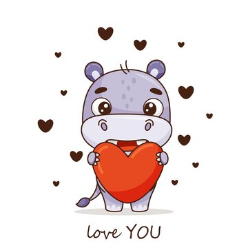 Cute love A hippo in love holds a red heart. Postcard in cartoon kawaii style. Vector for design, banners, children's books and patterns. Vector illustration