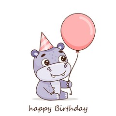Birthday of a cute hippo with a pink balloon. Lettering. Happy Birthday. Isolated objects. Postcard in cartoon kawaii style. Vector for design, banners, children's books and patterns. Vector