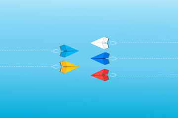 Blue, white, red and yellow paper planes flying in different directions. Disagree, dissenting opinion, conflict of interest, divergent views concepts, have different opinion. Vector background