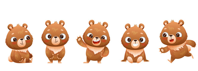 Set of baby bears in different poses, sitting, standing, waving, running. Drawn in cartoon style. Vector illustration for designs, prints and patterns. Isolated on white background