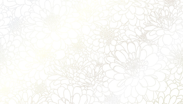 Luxurious art deco light silver chrysanthemum flowers hand drawn line art on white background. Wallpaper design for print, poster, cover, banner, fabric, invitation. Digital vector illustration.