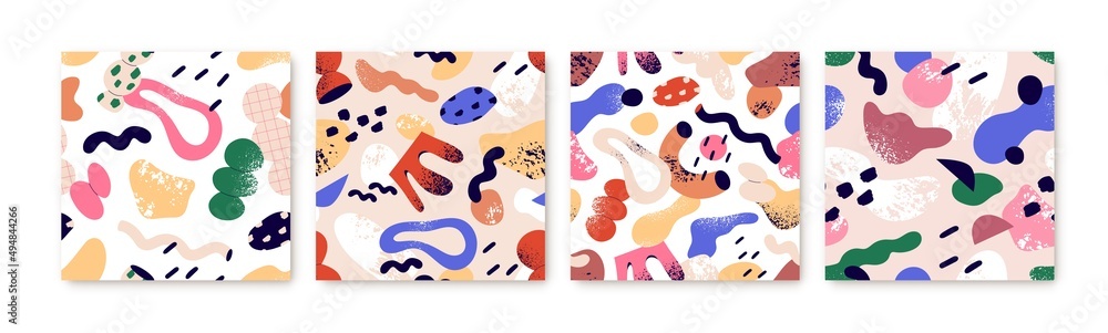 Poster Seamless abstract textures with geometric shapes. Modern creative backgrounds set with repeating pattern. Contemporary trendy fabric designs with random elements. Colored flat vector illustrations