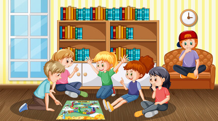 Children playing board game in library